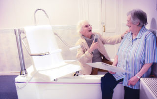 Women laughing in bathroom